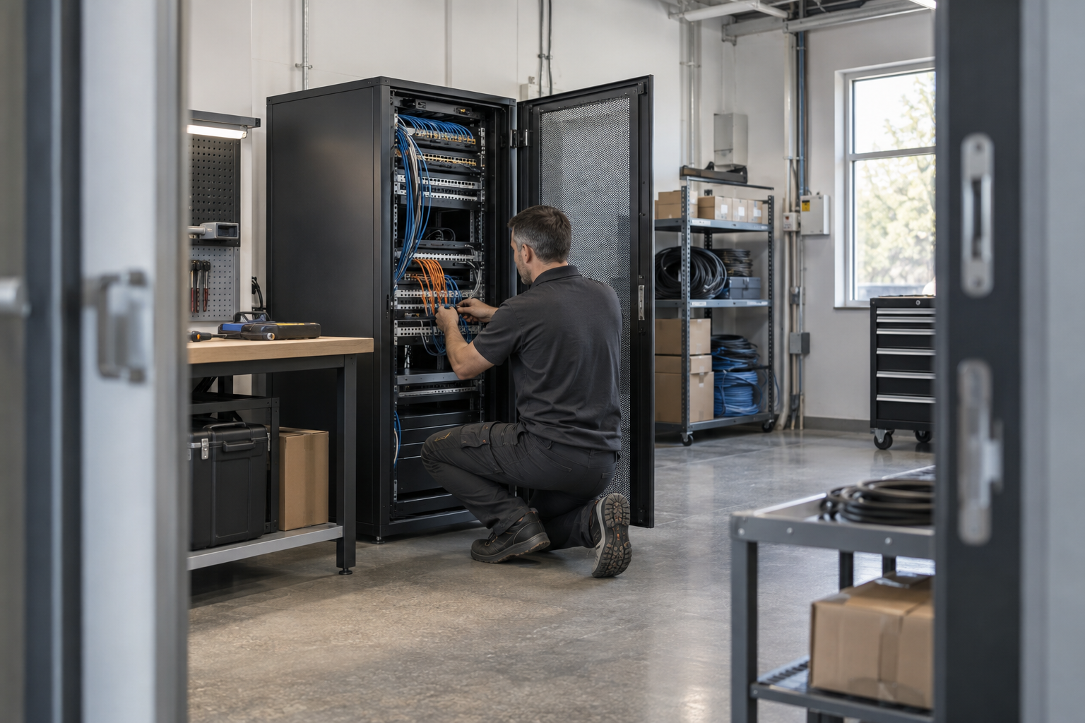 Technician working on copper cable terminations in an open network cabinet