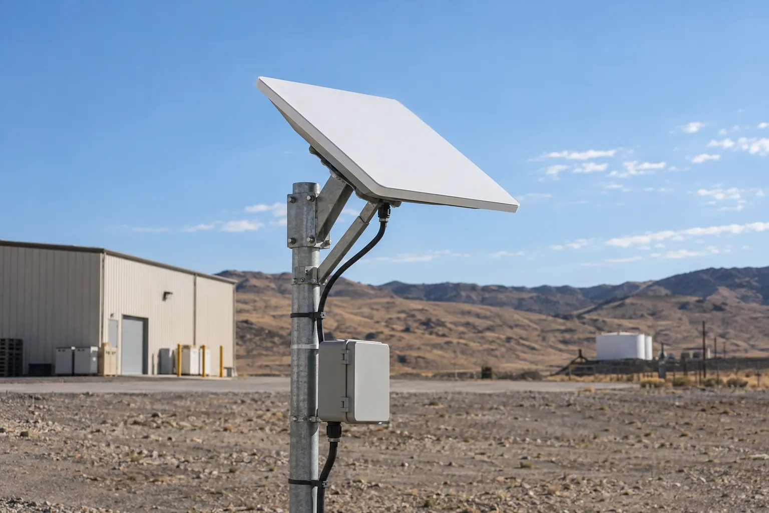 Satellite terminal mounted beside a remote commercial building