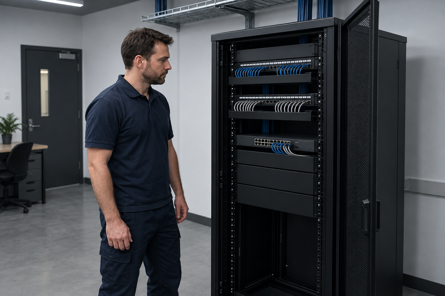 Technician working on copper cable terminations in an open network cabinet