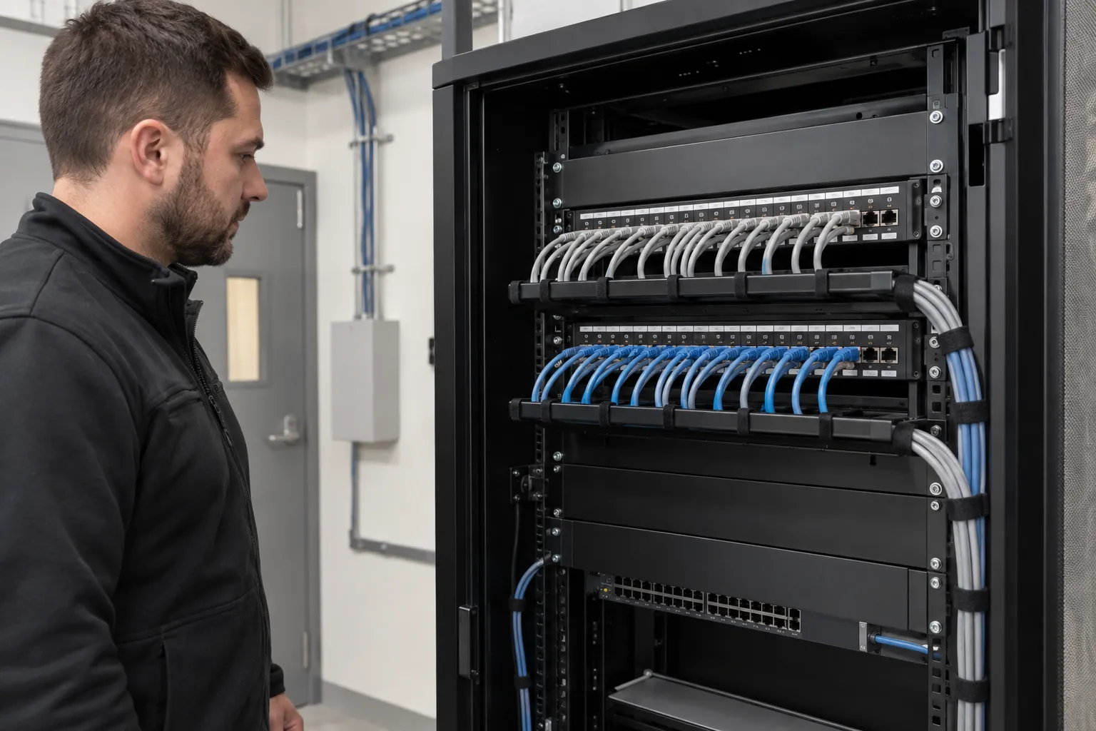 Technician beside organised patch panels and network switches