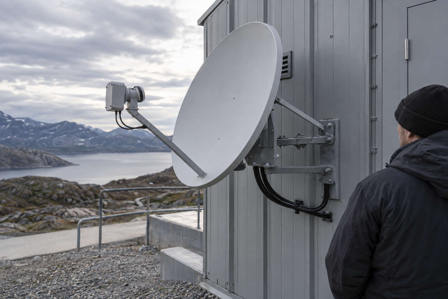 Satellite terminal mounted beside a remote commercial building