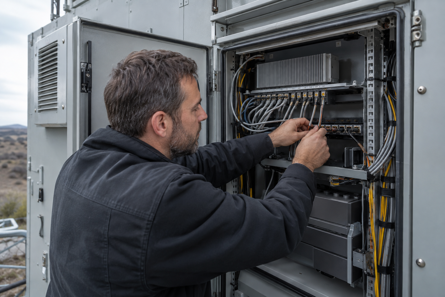 Technician working on copper cable terminations in an open network cabinet