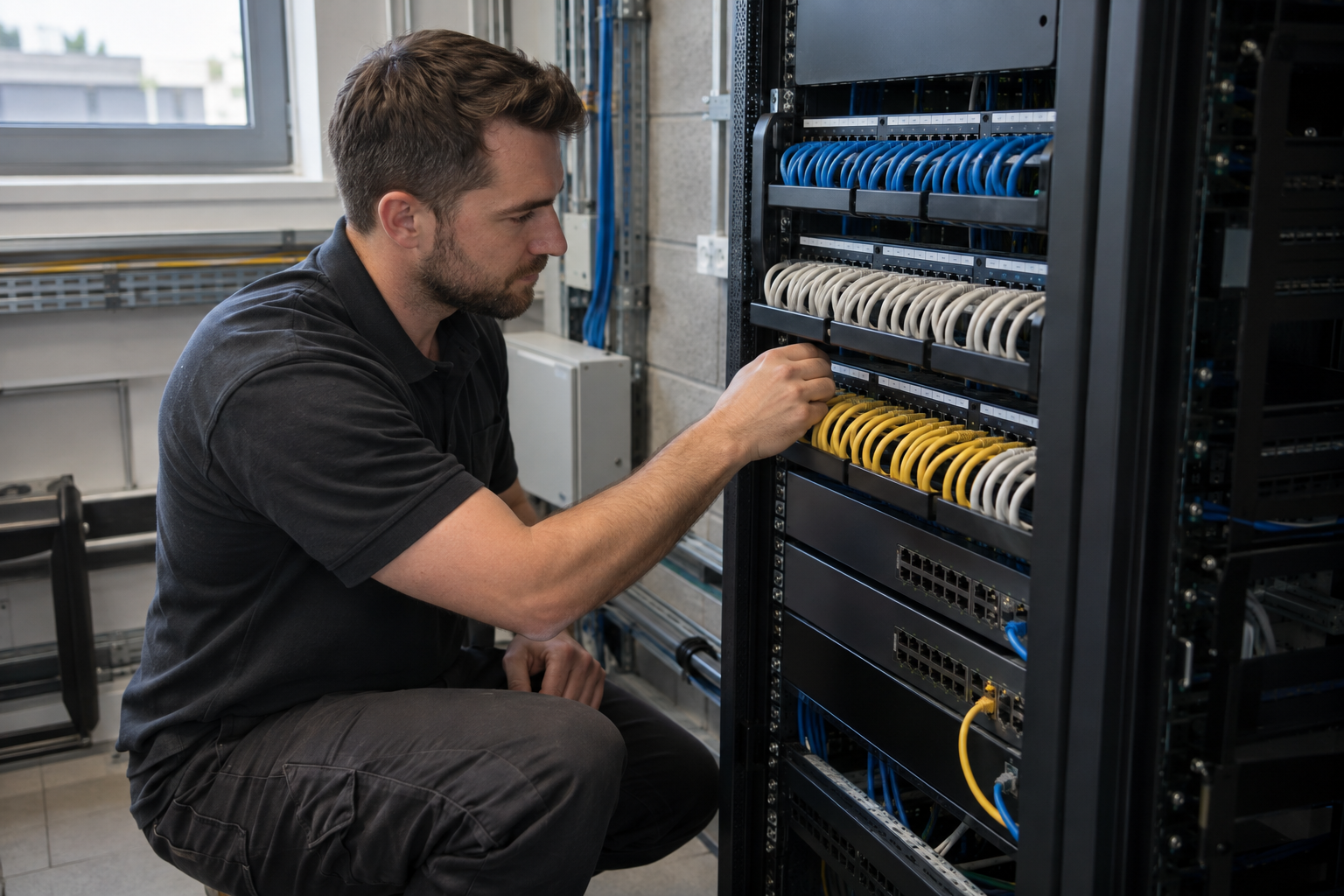 Technician beside organised patch panels and network switches