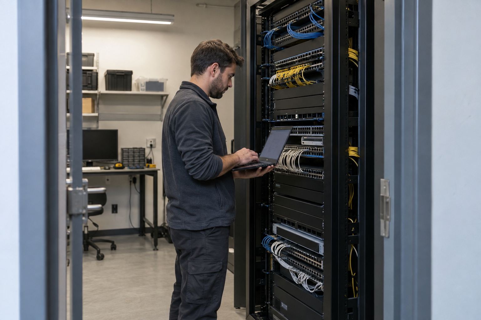 Engineer using a laptop beside switches and patch panels in a network rack