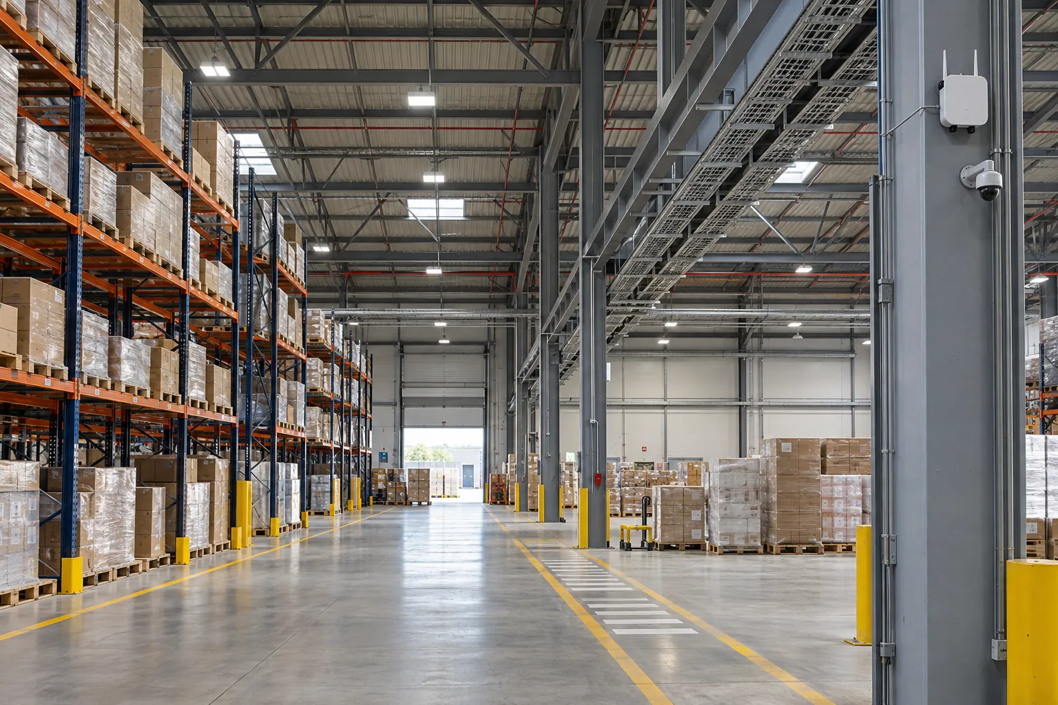 Warehouse aisles with high-level cabling and mounted network equipment