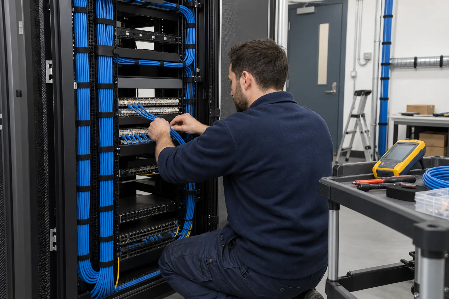 Technician working on copper cable terminations in an open network cabinet