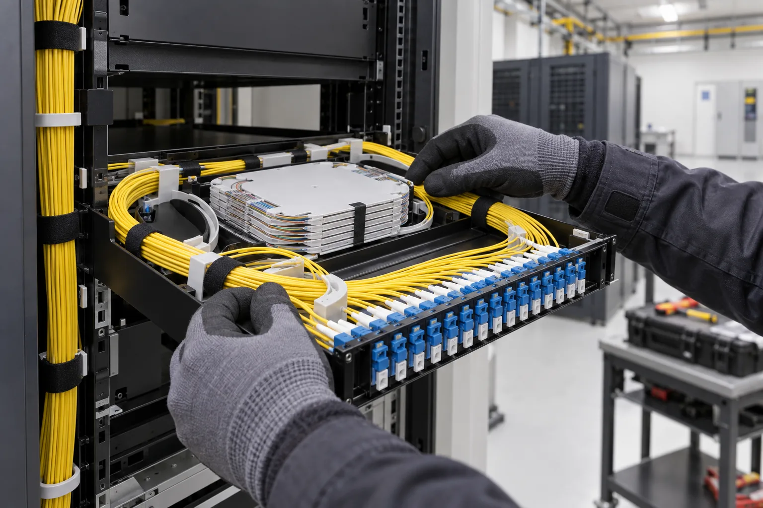 Open optical distribution tray with managed fibre pigtails and patch adapters