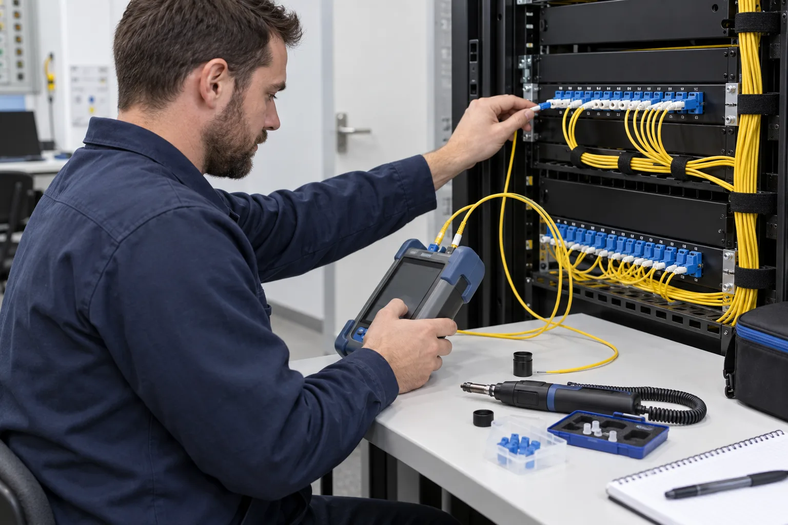 Technician checking a fibre connection with an optical test instrument