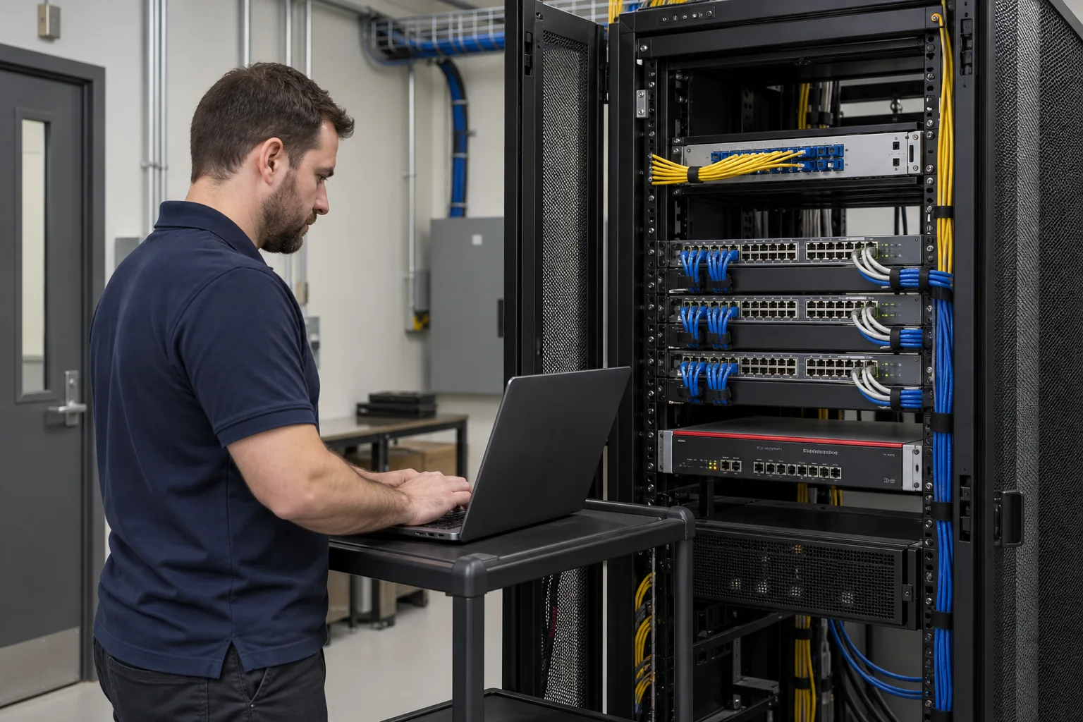 Engineer using a laptop beside switches and patch panels in a network rack