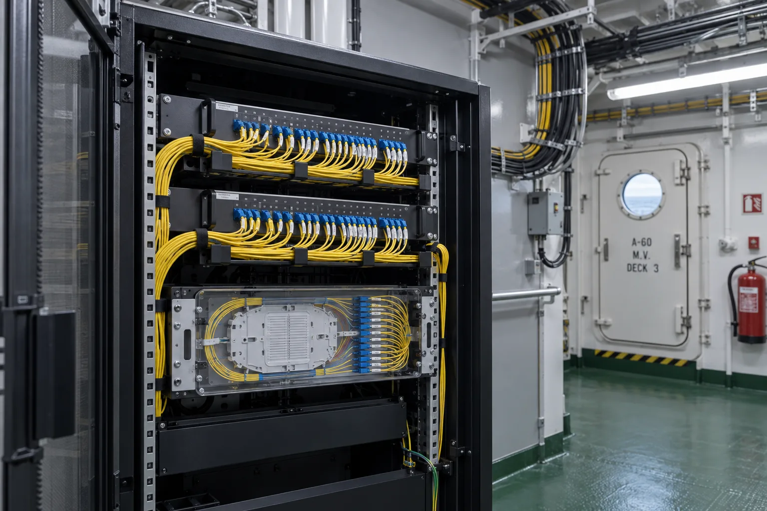Fibre distribution shelves and managed patch cords in a vessel technical room
