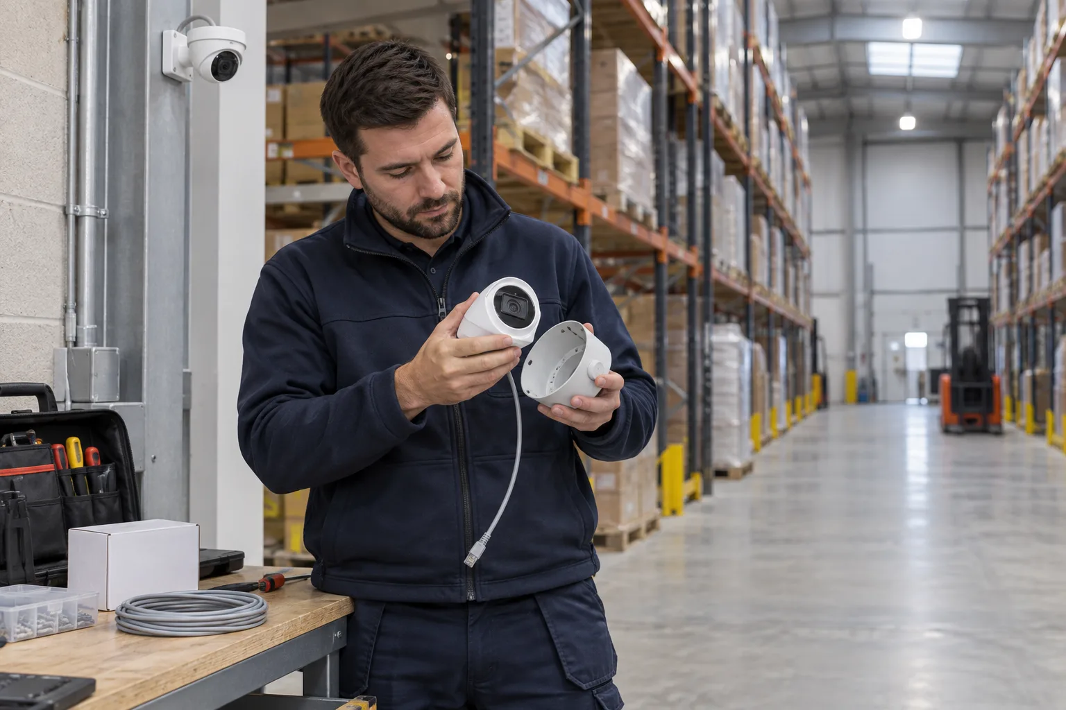 Technician checking a network camera and junction box at a warehouse workbench