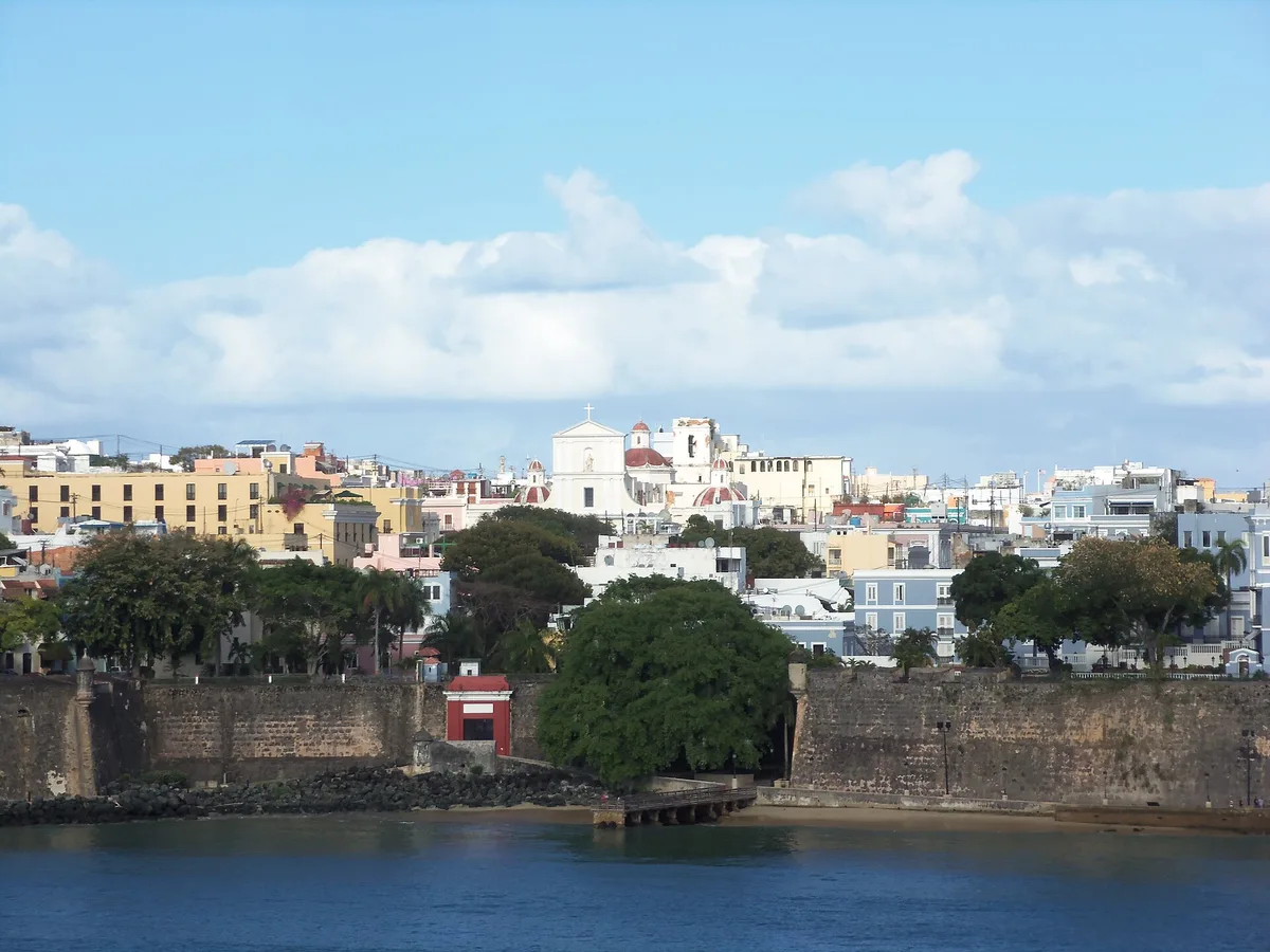 Old San Juan waterfront viewed from San Juan Bay, Puerto Rico, in the Caribbean