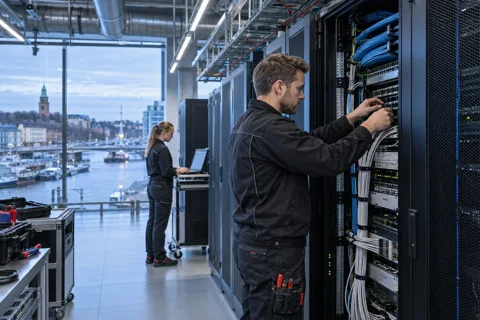 Generated service illustration: IT infrastructure and equipment rooms for Finland project planning