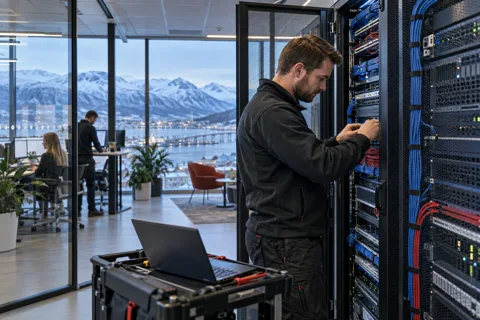 Generated service illustration: IT infrastructure and equipment rooms for Norway project planning