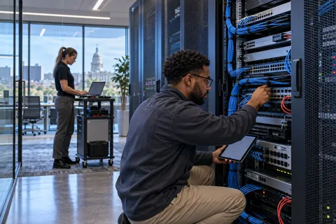 Generated service illustration: IT infrastructure and equipment rooms for Illinois project planning
